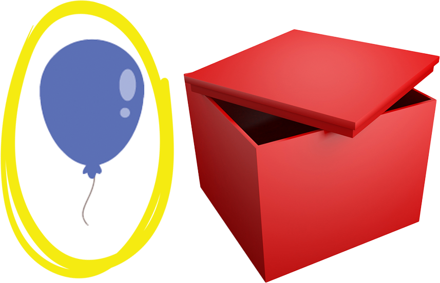 balloon next to a toy box with a circle going around the balloon