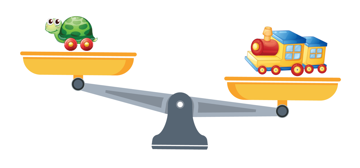An old scale with a train and a turtle on it. The side with the train is lower than the side with the turtle.