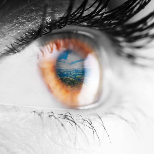closeup of an eye with a reflection of the sky in it
