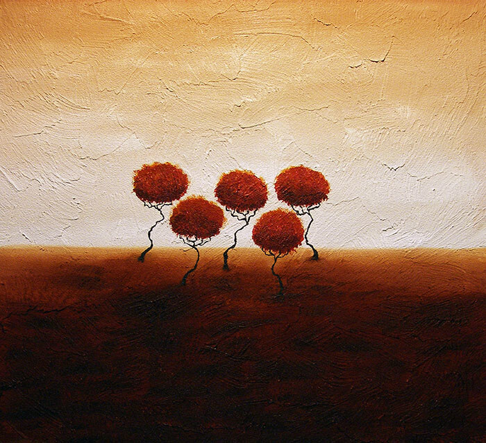 Textured painting of bushes.