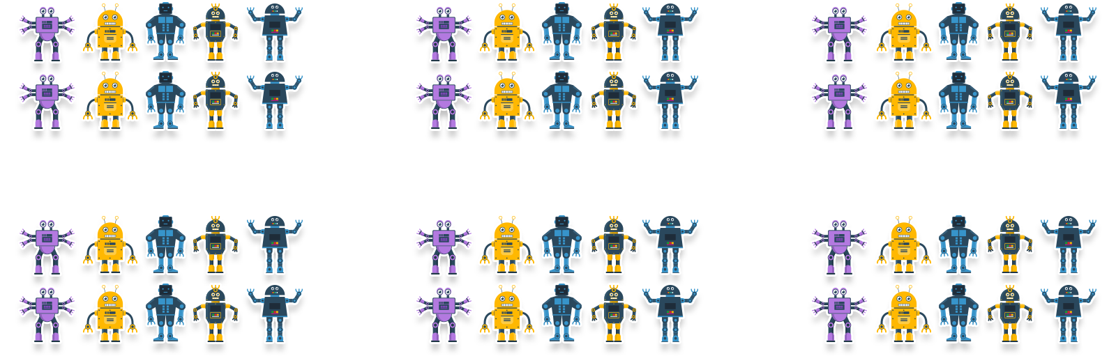 6 groups of 10 robots