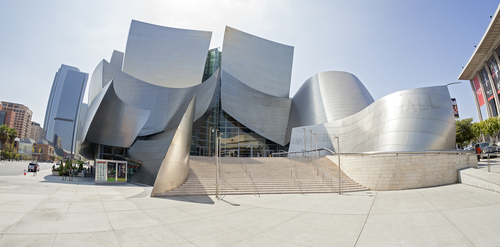 LOS ANGELES, USA - AUGUST 21, 2015: Fisheye lens photo of Walt Disney Concert Hall designed by Frank Gehry, home of the Los Angeles Philharmonic orchestra and the Los Angeles Master Chorale.