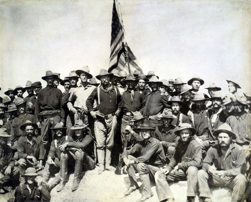 Colonel Roosevelt and his Rough Riders at the top of the hill they captured in the Battle of San Juan Hill.