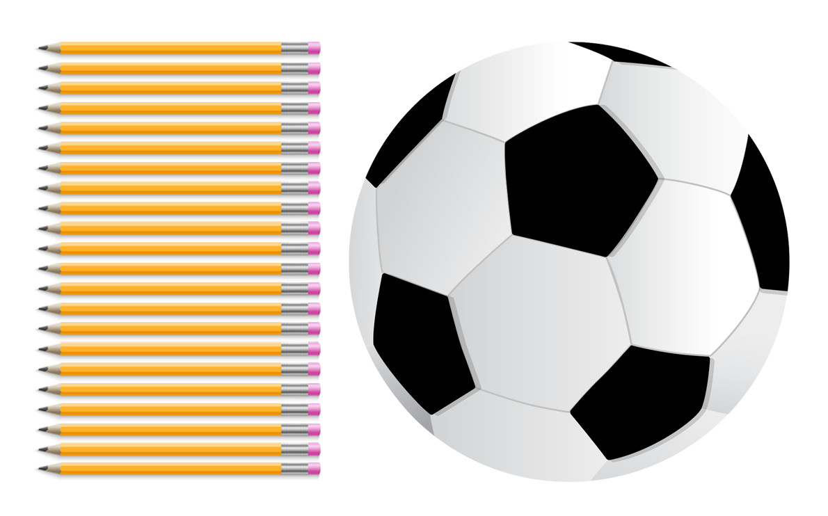 soccer ball next to 22 pencils