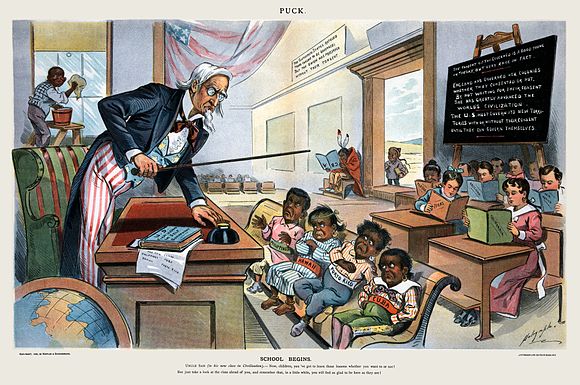 Caricature showing Uncle Sam lecturing four children labelled Philippines