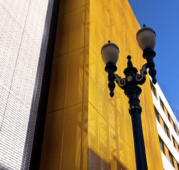 lamp post in front of a building