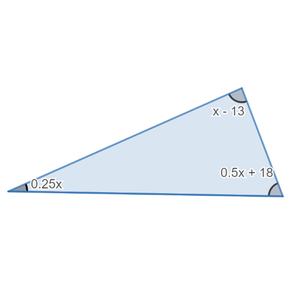 A scalene triangle labeled with angles labelled x-13, 0.25x, and 0.5x + 18