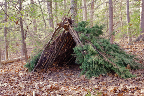 Primitive Bushcraft survival debris hut with campfire ring outside. Blanket, shelter, fire in the forest.