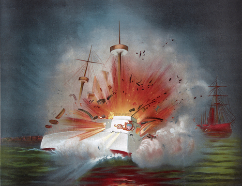 Artwork depicting the destruction of the USS Maine in Havana Harbor on February 15, 1898