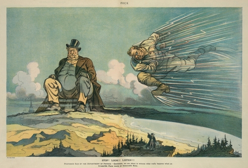 1912 President Election cartoon. Theodore Roosevelt charging at incumbent President Taft seated on top of the White House. Uncle Sam appears as a professor of physics. March 27 1912.
