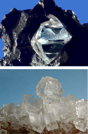 Top: Diamond crystal, octahedron shape. Bottom: Cube shaped halite crystals (salt).