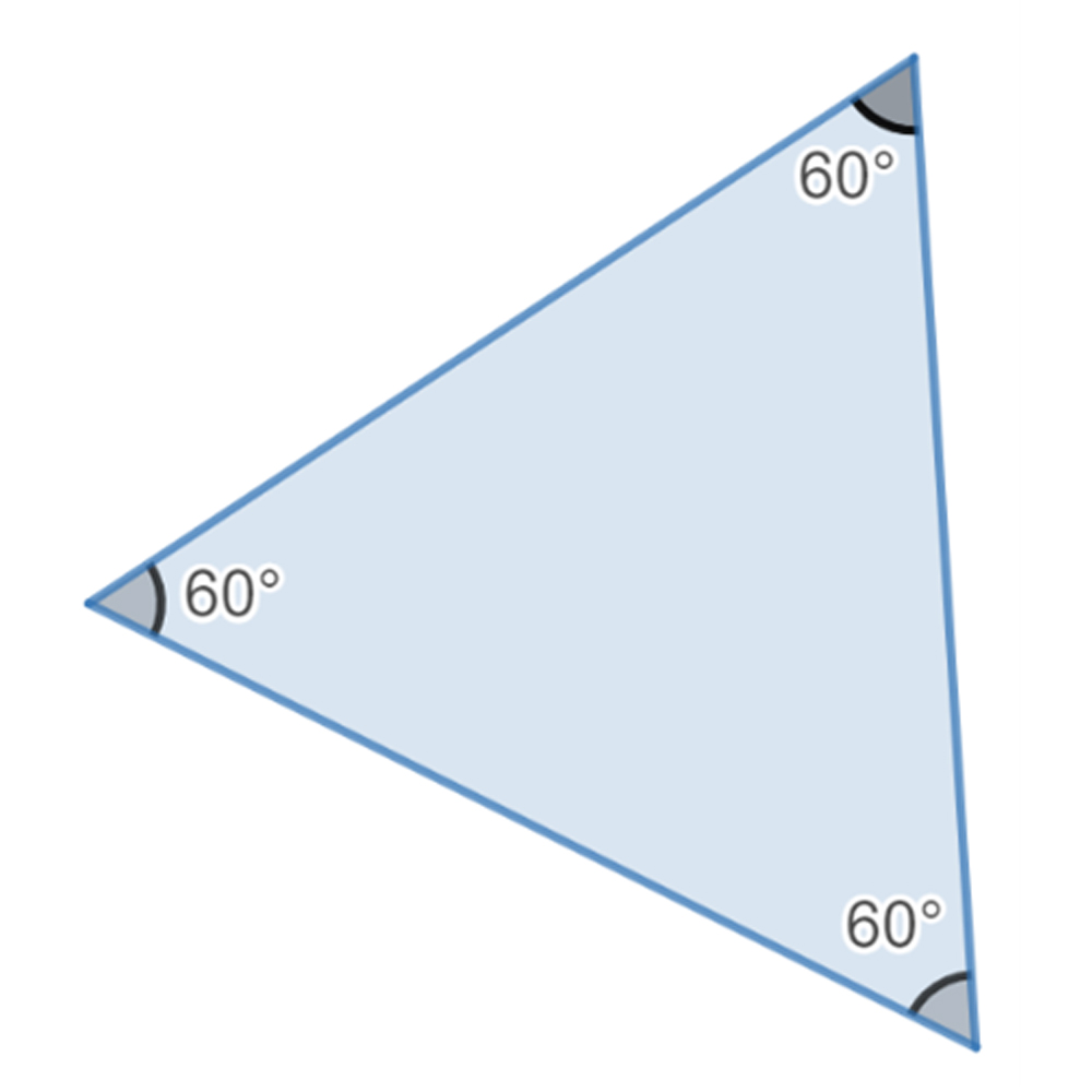 An equilateral triangle with all angles labeled 60 degrees.