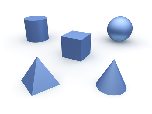 An illustration of basic shapes, such as a sphere, a cube, a pyramid, and a cone