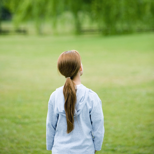 Girl with hair in a long ponytail, looking out over field, rear view.