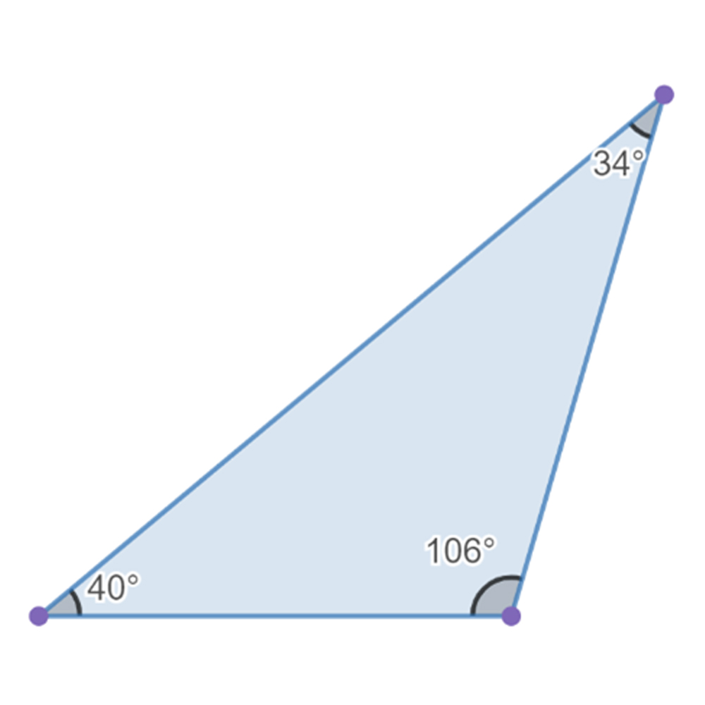A scalene triangle with angles labeled 34 degrees, 40 degrees, and 106 degrees.