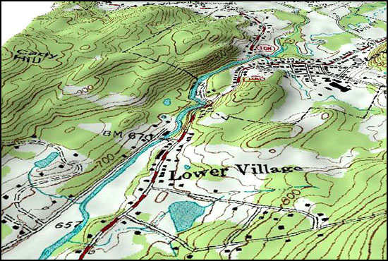 A perspective shaded-relief view of part of a topographic map sample.