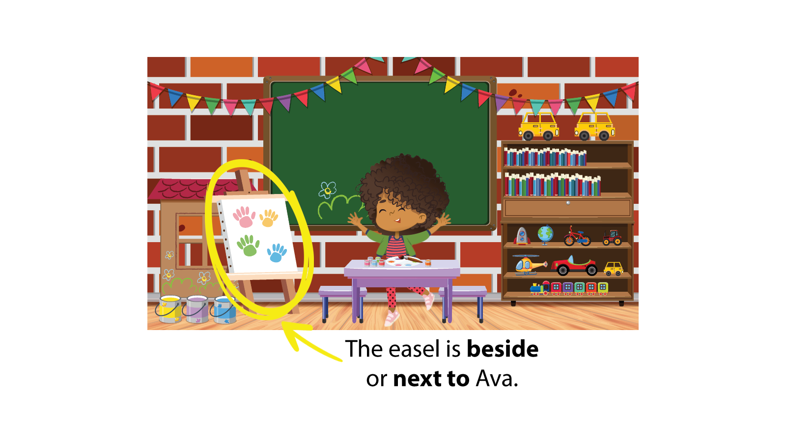 The easel is beside or next to Ava.