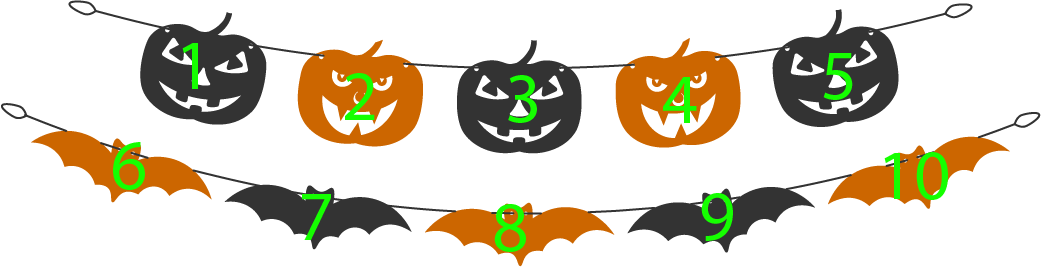10 halloween decorations: Counting 1, 2, 3, 4, 5, 6, 7, 8, 9, 10