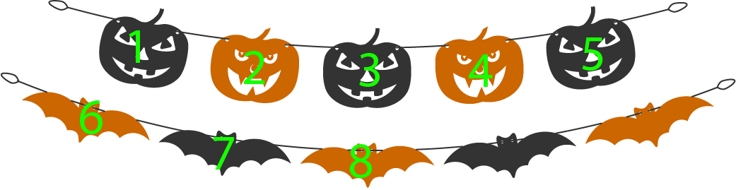 10 halloween decorations: Counting 1, 2, 3, 4, 5, 6, 7, 8