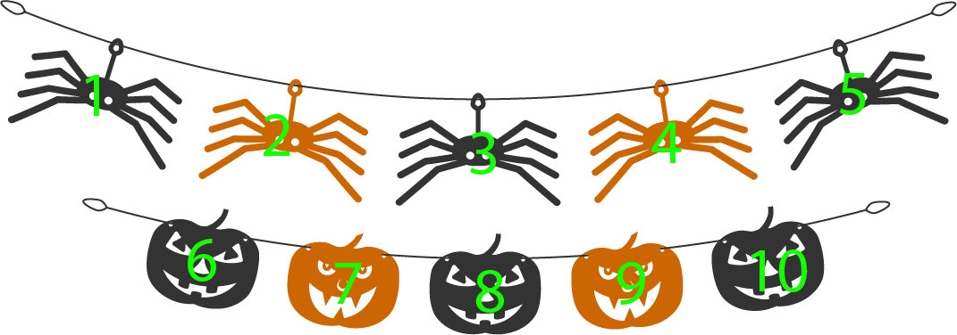 10 halloween decorations: Counting 1, 2, 3, 4, 5, 6, 7, 8, 9, 10