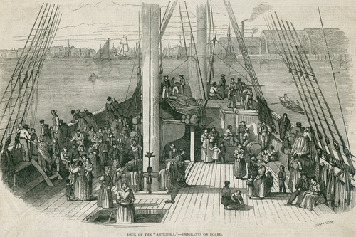 Deck of the immigrant ship 'Artesisia' in a harbor in Europe or North America.