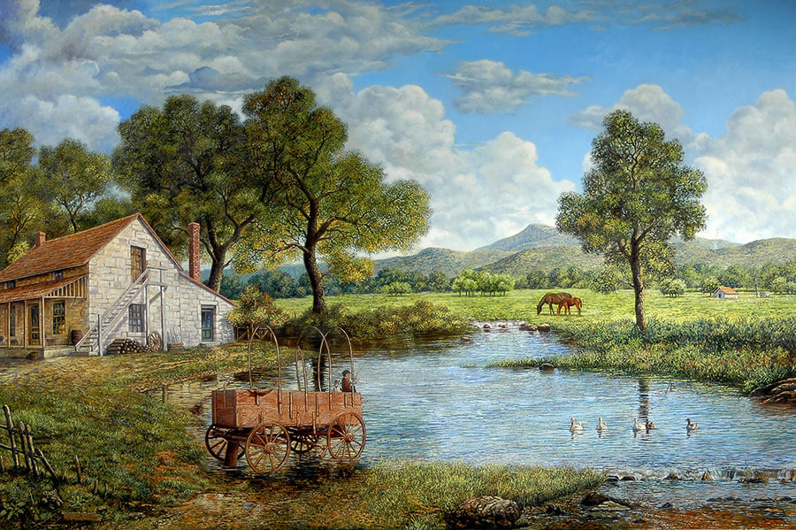 Painted image of a house by a stream.
