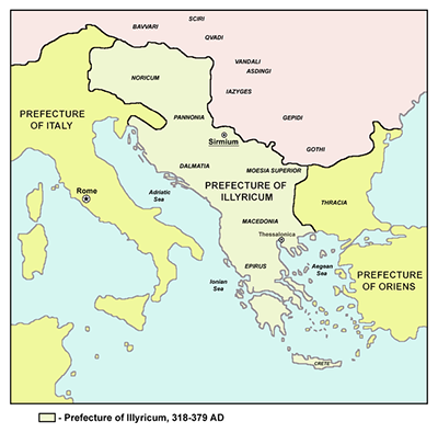 Historic map of Roman Praetorian Prefecture of Illyricum, 318-379 AD.