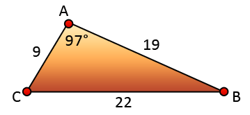 triangle with a 97° angle, 9, 19, and 22 length sides.
