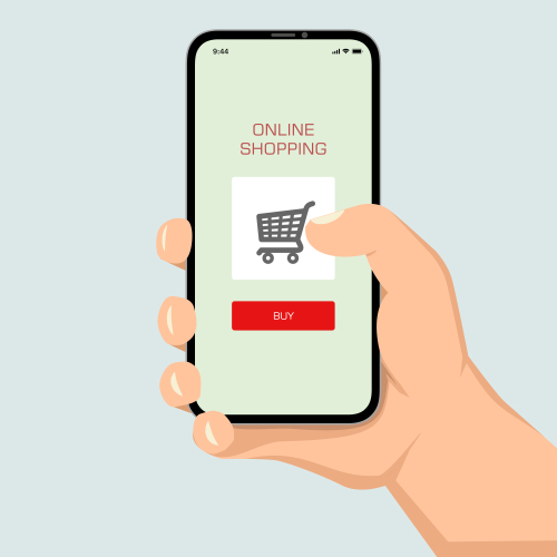 Brutal human hand holding smartphone with shopping application ui flat style illustration.