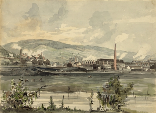 Artwork showing a factory on a river in Pennsylvania