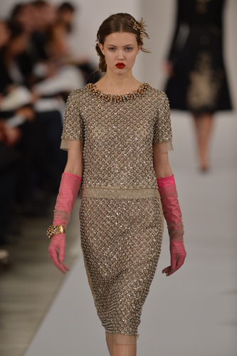 A model walks the runway at a Oscar De La Renta fashion show during Mercedes-Benz Fashion Week.