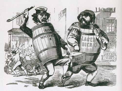 An anti-immigrant cartoon from around 1850 shows two men with barrels as bodies, labeled Irish Whiskey and Lager Bier, carrying a ballot box.