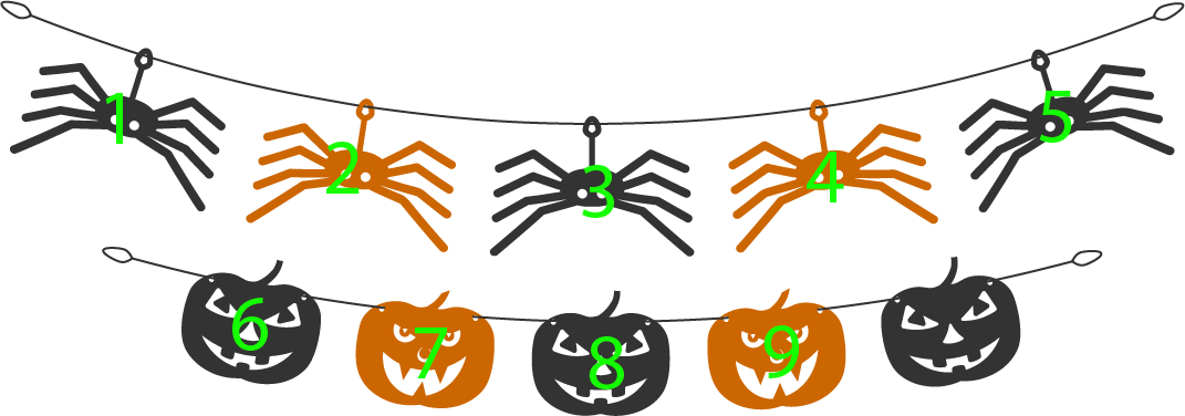 10 halloween decorations: Counting 1, 2, 3, 4, 5, 6, 7, 8, 9