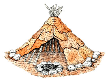 Cross section iIllustration of wigwam made from animal skin with fire inside