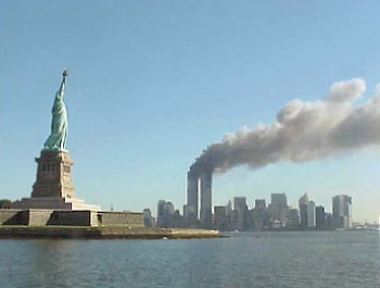 The World Trade Center towers on fire after the attacks of September 11, 2001