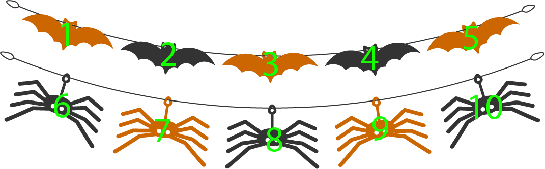 10 halloween decorations: Counting 1, 2, 3, 4, 5, 6, 7, 8, 9, 10