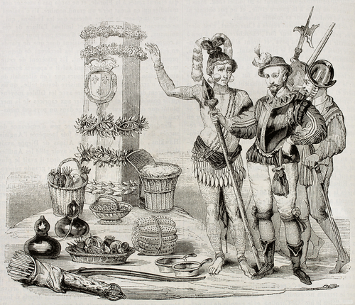 Chief Saturiwa shows to Laudonnier (French explorer) the monument placed by Jean Ribault in 1562. 