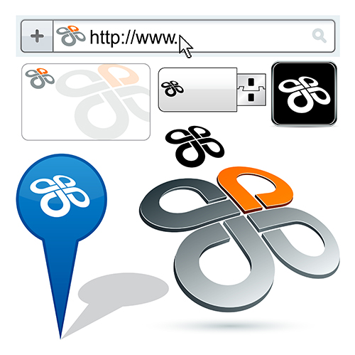 A clover-shaped logo with a black and white iteration and a small version in an internet address bar