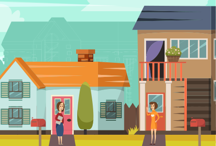 Rural street orthogonal background with cottages