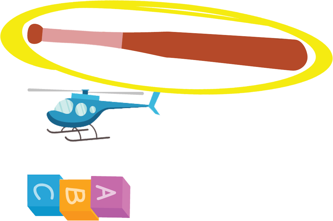 baseball bat, toy helicopter, and a row of three toy blocks on their sides with a circle going around the bat