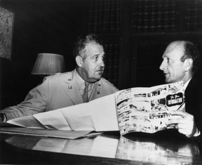 General Leslie R. Groves (left), Director of the Manhattan Project, and David E. Lilienthal, President Harry S. Truman's nominee to chair the United States Atomic Energy Commission, at Oak Ridge, Tennessee, on October 1, 1946. Department of Energy photo.