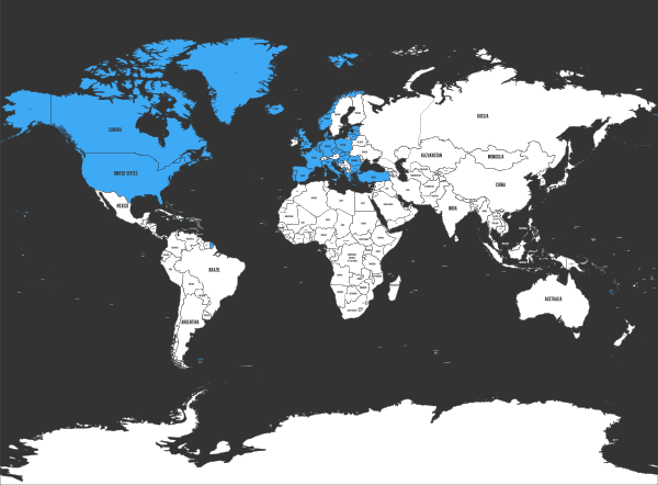 North Atlantic Treaty Organization, NATO, member countries highlighted by blue in world political map.