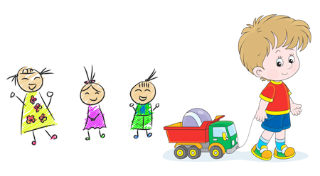 group of friends and a boy playing with his toy