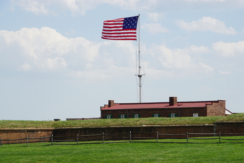 BALTIMORE, MD - APR 16: Fort McHenry National Monument and Historic Shrine in Baltimore, Maryland, on April 16, 2017. In the War of 1812, it defended Baltimore Harbor from an attack by the British.