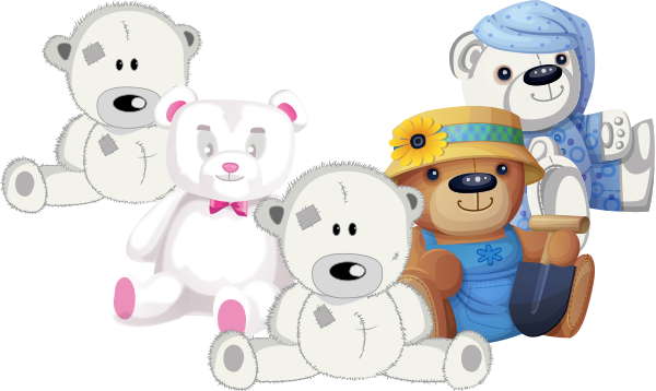 group of 5 teddy beards - 4 white, one brown teddy bear with a hat and one white teddy bear with a hat