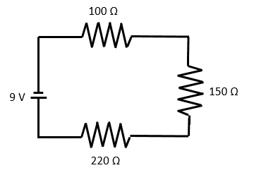 A 220 Ω, a 150 Ω, and a 100 Ω resistor were connected in series along with a 9.0 V battery.