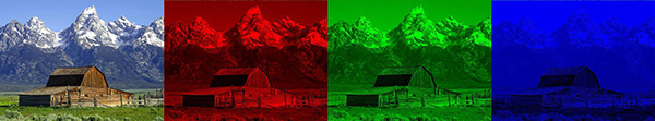 A picture of a barn next to the three color channels that make up the image: red, green and blue.