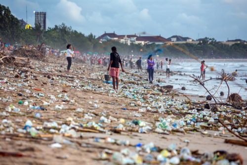 Beach pollution at Kuta beach, Bali.