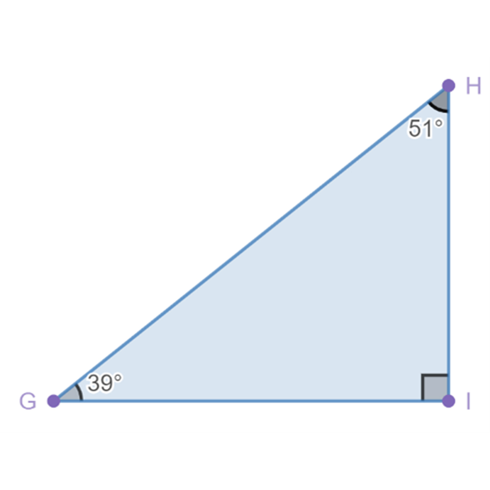 Right triangle GHI with angle H labeled 51 degrees and angle G labeled 39 degrees.
