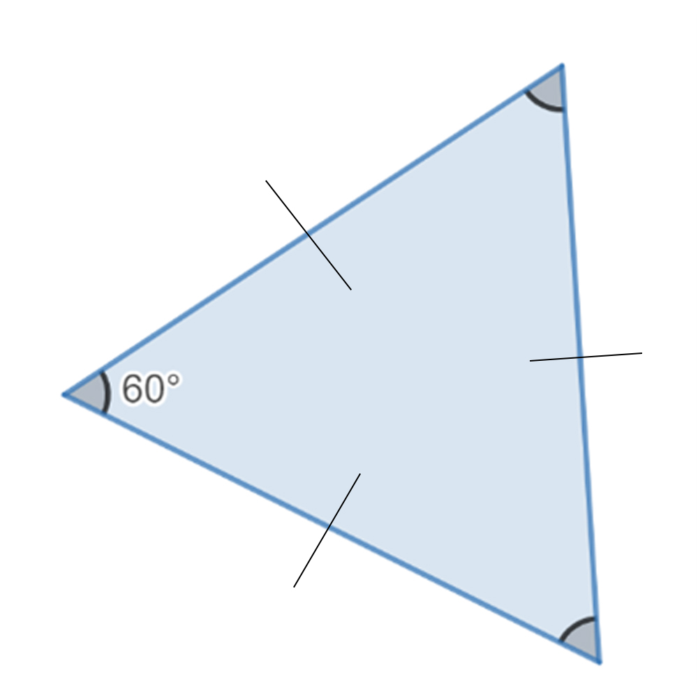 An equilateral triangle with one angle labeled 60 degrees and two angles labelled x.